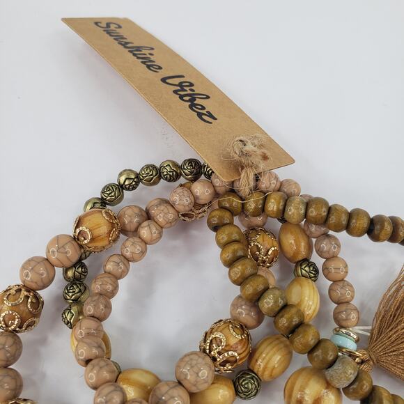 4 pc Stretch BOHO Brown Beaded Bracelet Earthtones Bohemian Sunshine Vibez - Picture 6 of 8